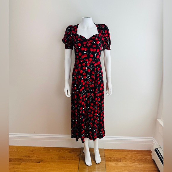 Reformation Lacey Black + Red Cherry Cherries Midi Dress Side Slit - Picture 3 of 9